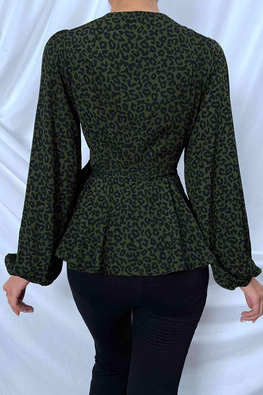 Surplice Neck Leopard Print Side Tie Blouse Blouses - Tophatter Daily Deals