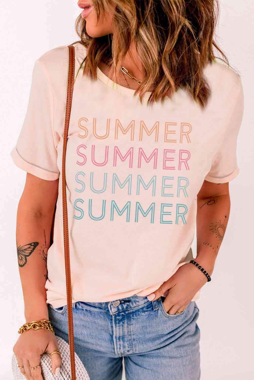 SUMMER Cuffed Round Neck Tee Blush Pink Women's T-Shirts - Tophatter Daily Deals