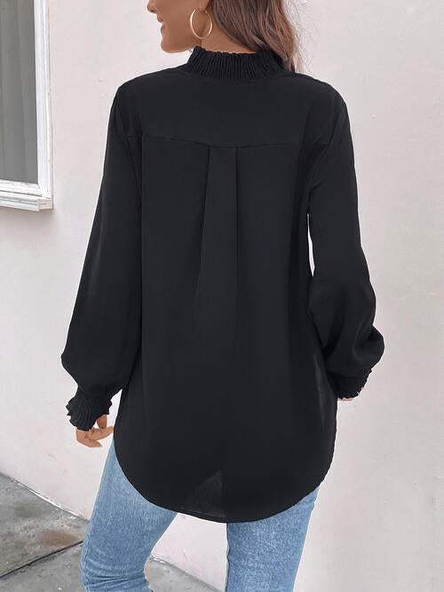 Smocked Notched Long Sleeve Blouse Blouses - Tophatter Daily Deals