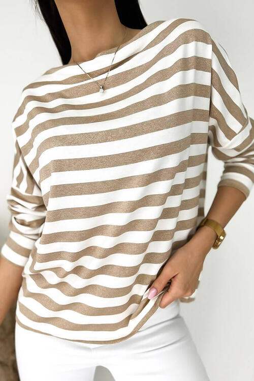 Striped Round Neck Long Sleeve Blouse Stripe Blouses - Tophatter Daily Deals