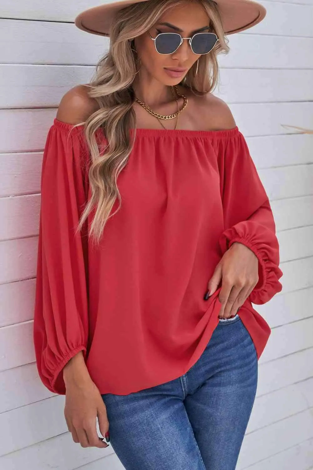 Off-Shoulder Balloon Sleeve Top Blouses - Tophatter Daily Deals