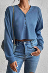 Cropped V-Neck Raglan Sleeve Buttoned Blouse Dusty Blue Blouses - Tophatter Daily Deals