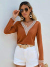 Crochet V-Neck Long Sleeve T-Shirt Women's T-Shirts - Tophatter Daily Deals