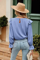 Ruffled Round Neck Long Sleeve Top Blouses - Tophatter Daily Deals