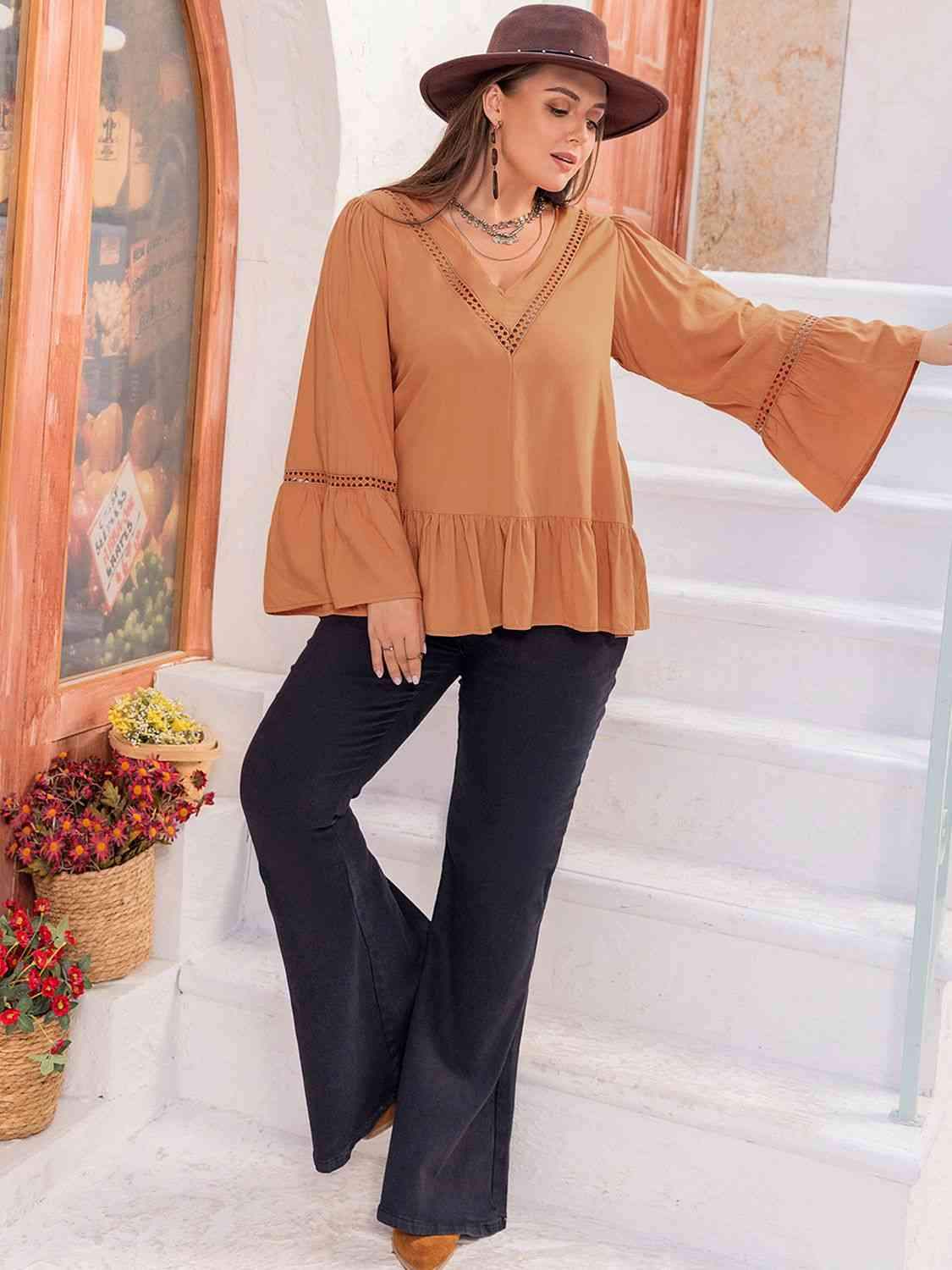 Plus Size V-Neck Peplum Blouse Blouses - Tophatter Daily Deals