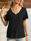 Eyelet Tie Neck Short Sleeve T-Shirt Black Women's T-Shirts - Tophatter Daily Deals