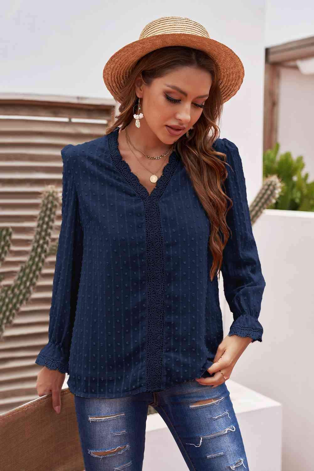 Swiss Dot Spliced Lace Flounce Sleeve Blouse Navy Blouses - Tophatter Daily Deals