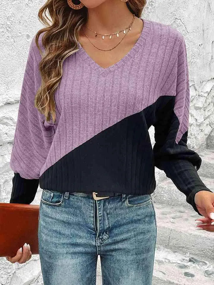 Contrast Buttoned V-Neck Blouse Blouses - Tophatter Daily Deals
