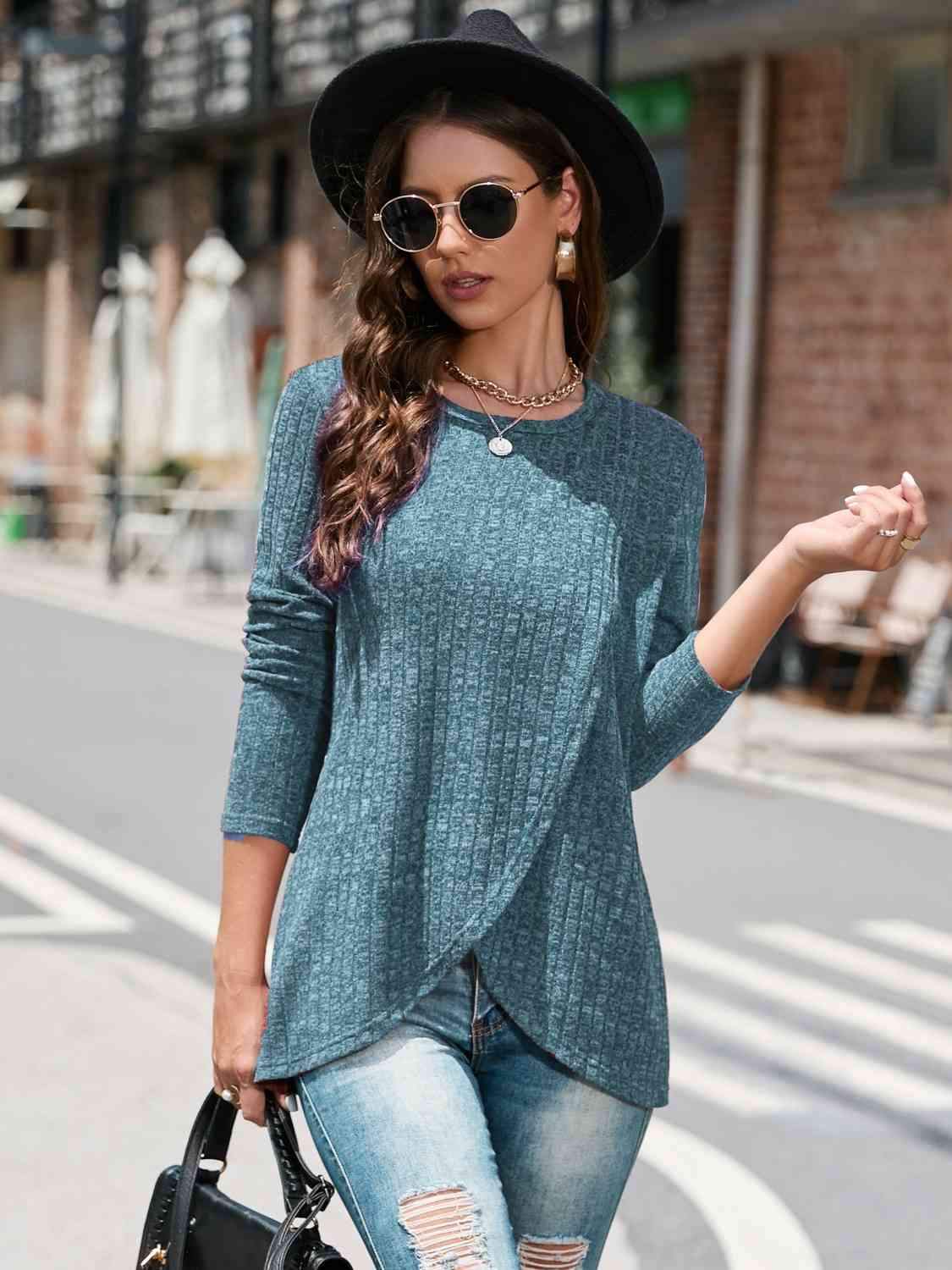 Round Neck Long Sleeve T-Shirt Misty Blue Women's T-Shirts - Tophatter Daily Deals