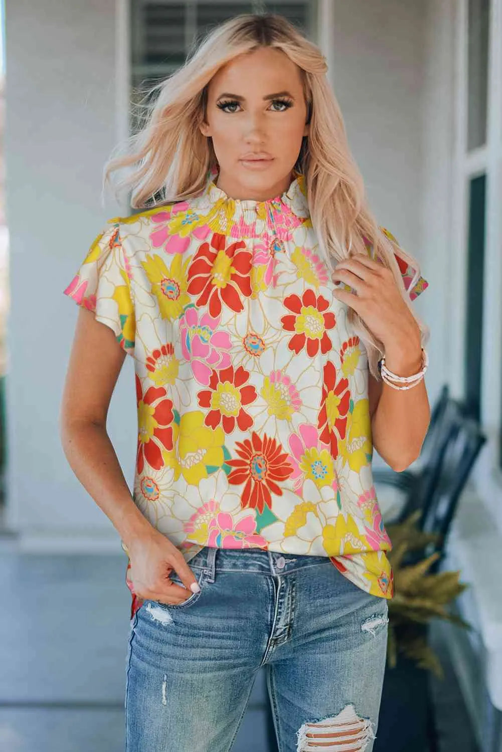 Floral Frill Neck Smocked Flutter Sleeve Blouse Floral Blouses - Tophatter Daily Deals