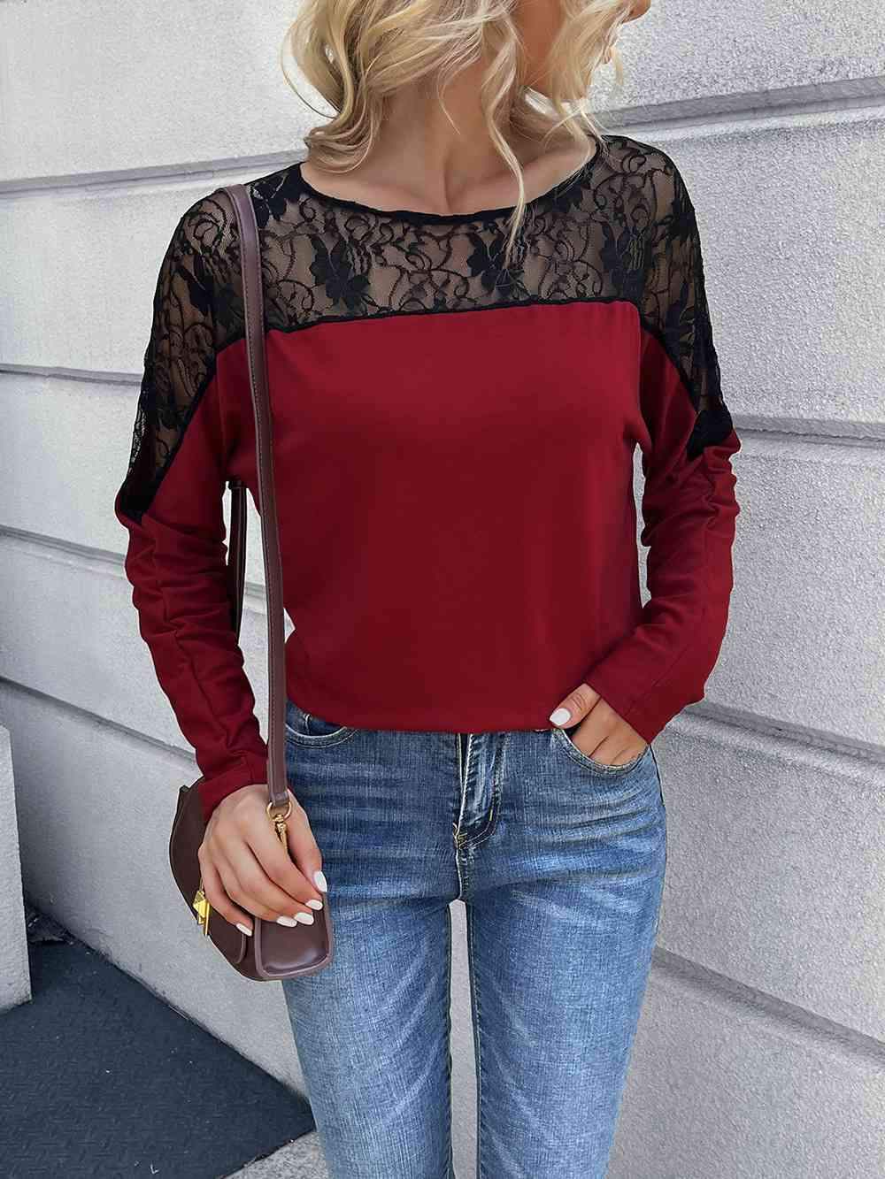 Lace Long Sleeve Round Neck Tee Women's T-Shirts - Tophatter Daily Deals