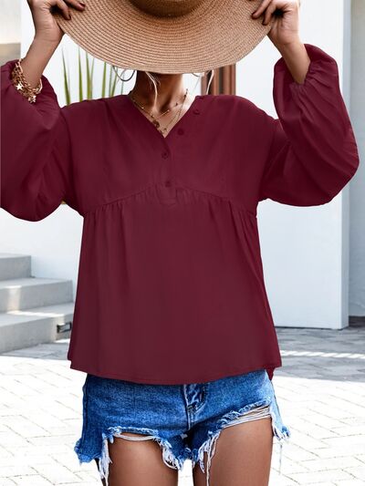 V-Neck Buttoned Balloon Sleeve Blouse - Tophatter Deals