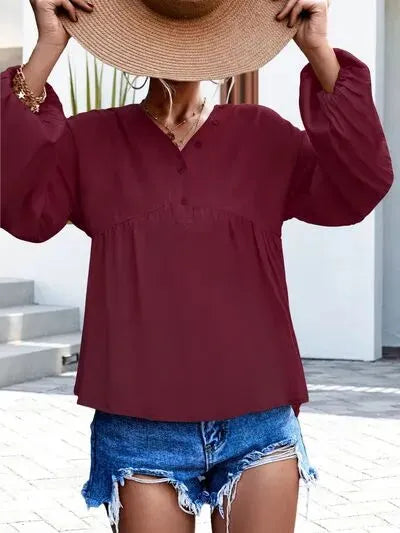V-Neck Buttoned Balloon Sleeve Blouse Blouses - Tophatter Daily Deals