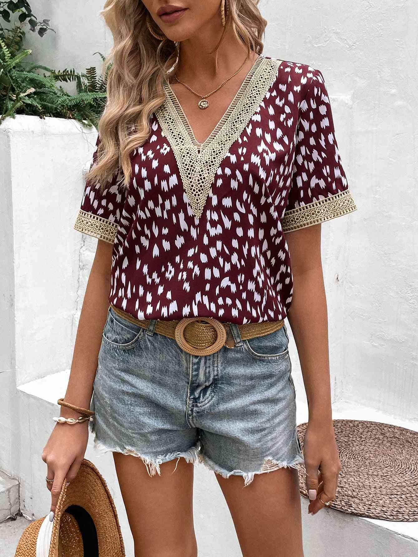 Printed Contrast V-Neck Short Sleeve Blouse Multicolor Blouses - Tophatter Daily Deals