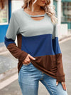 Color Block Cutout Round Neck Long Sleeve T-Shirt Women's T-Shirts - Tophatter Daily Deals