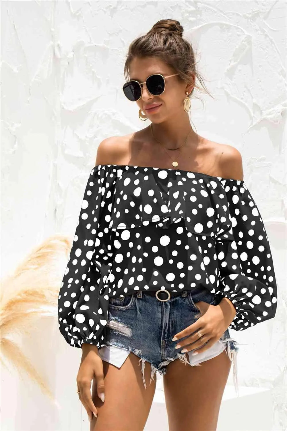 Polka Dot Off-Shoulder Layered Blouse Blouses - Tophatter Daily Deals