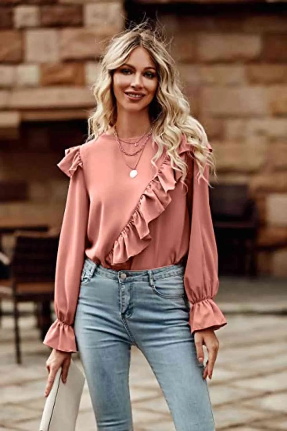 Ruffled Round Neck Long Sleeve Top Coral Blouses - Tophatter Daily Deals