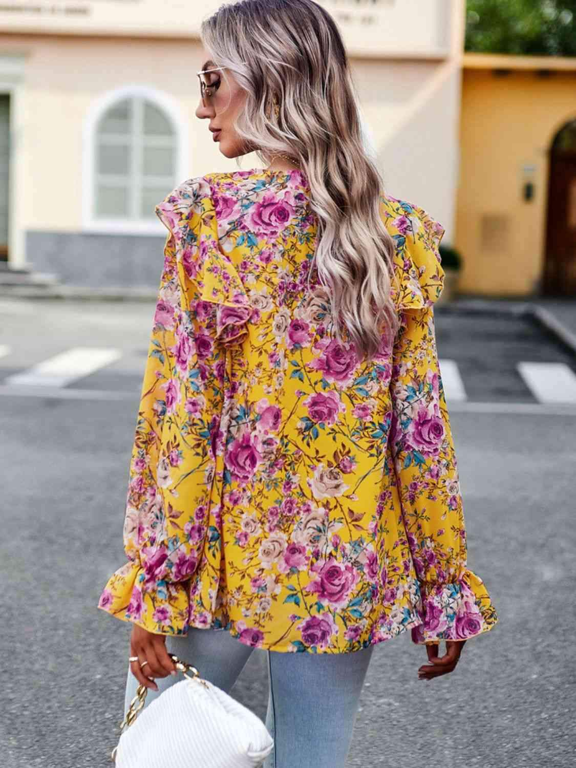 Smocked Round Neck Flounce Sleeve Blouse Blouses - Tophatter Daily Deals