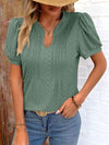 Eyelet Notched Puff Sleeve T-Shirt Women's T-Shirts - Tophatter Daily Deals