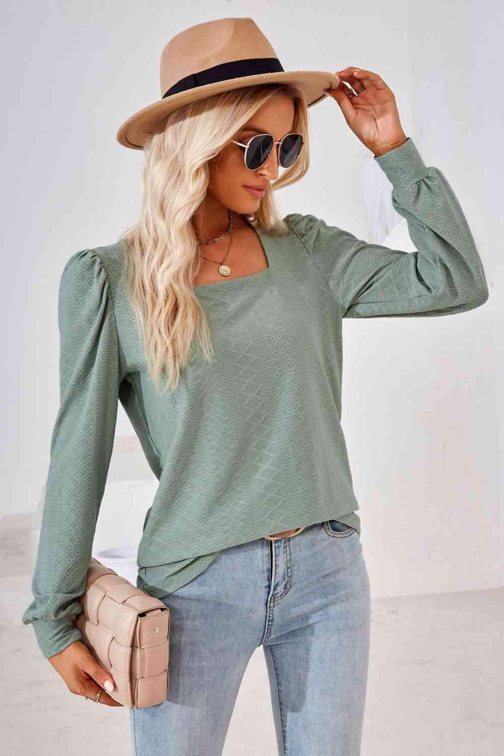 Square Neck Puff Sleeve Blouse Sage Blouses - Tophatter Daily Deals