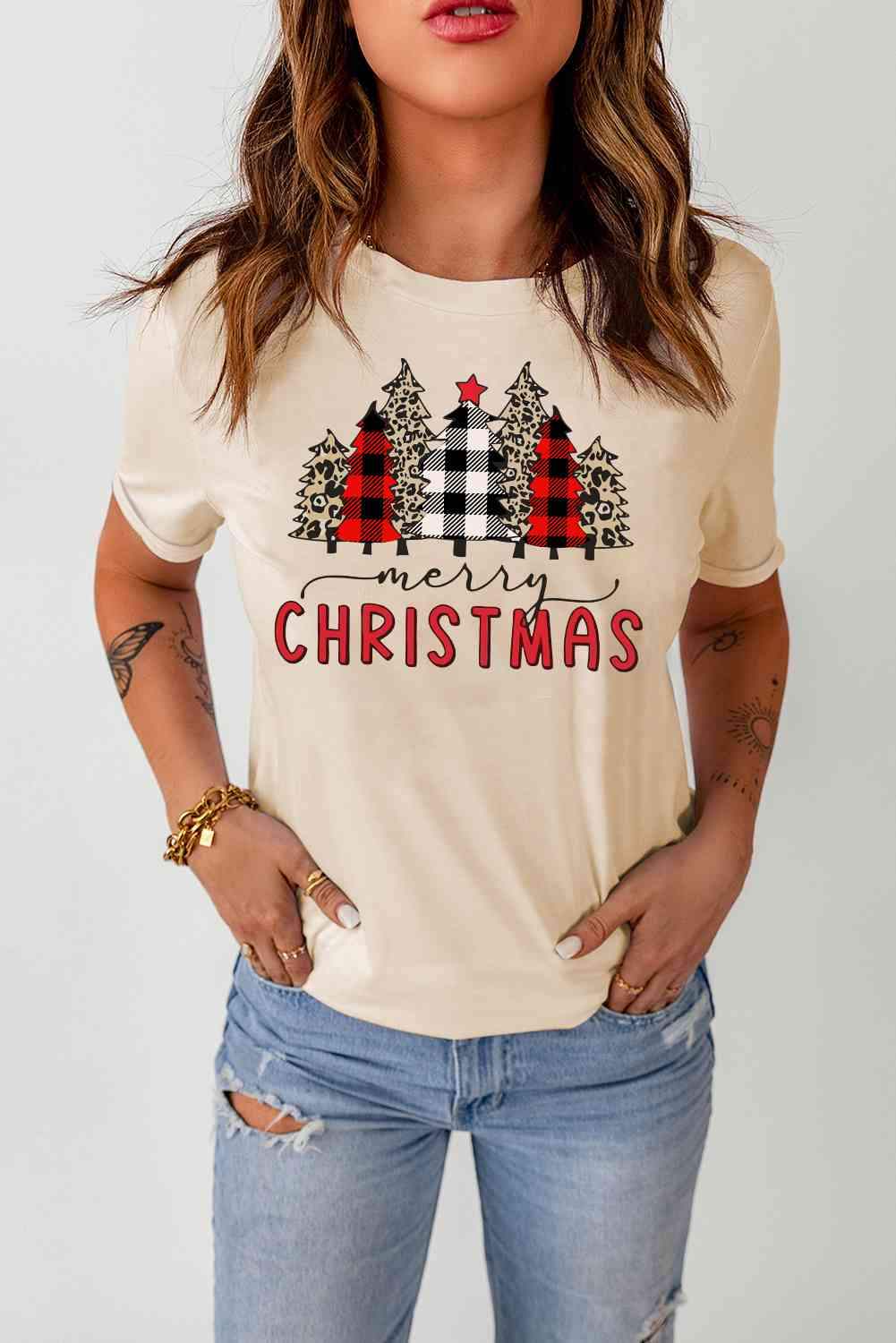 MERRY CHRISTMAS Graphic T-Shirt Ivory Women's T-Shirts - Tophatter Daily Deals