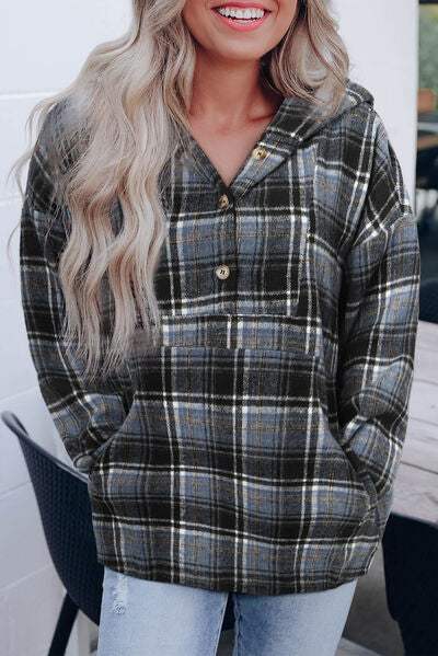 Plaid Long Sleeve Buttoned Hoodie Black Blouses - Tophatter Daily Deals