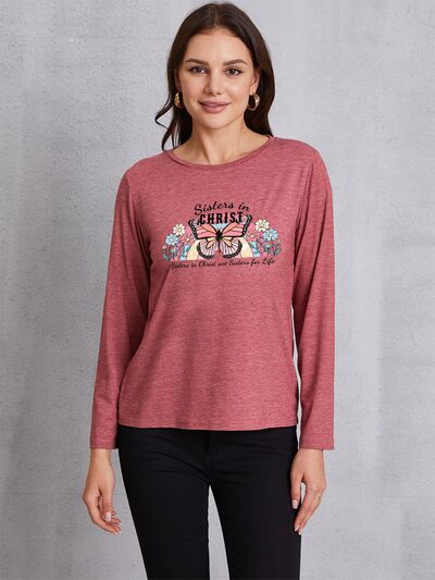 Graphic Round Neck Long Sleeve T-Shirt Light Mauve Women's T-Shirts - Tophatter Daily Deals