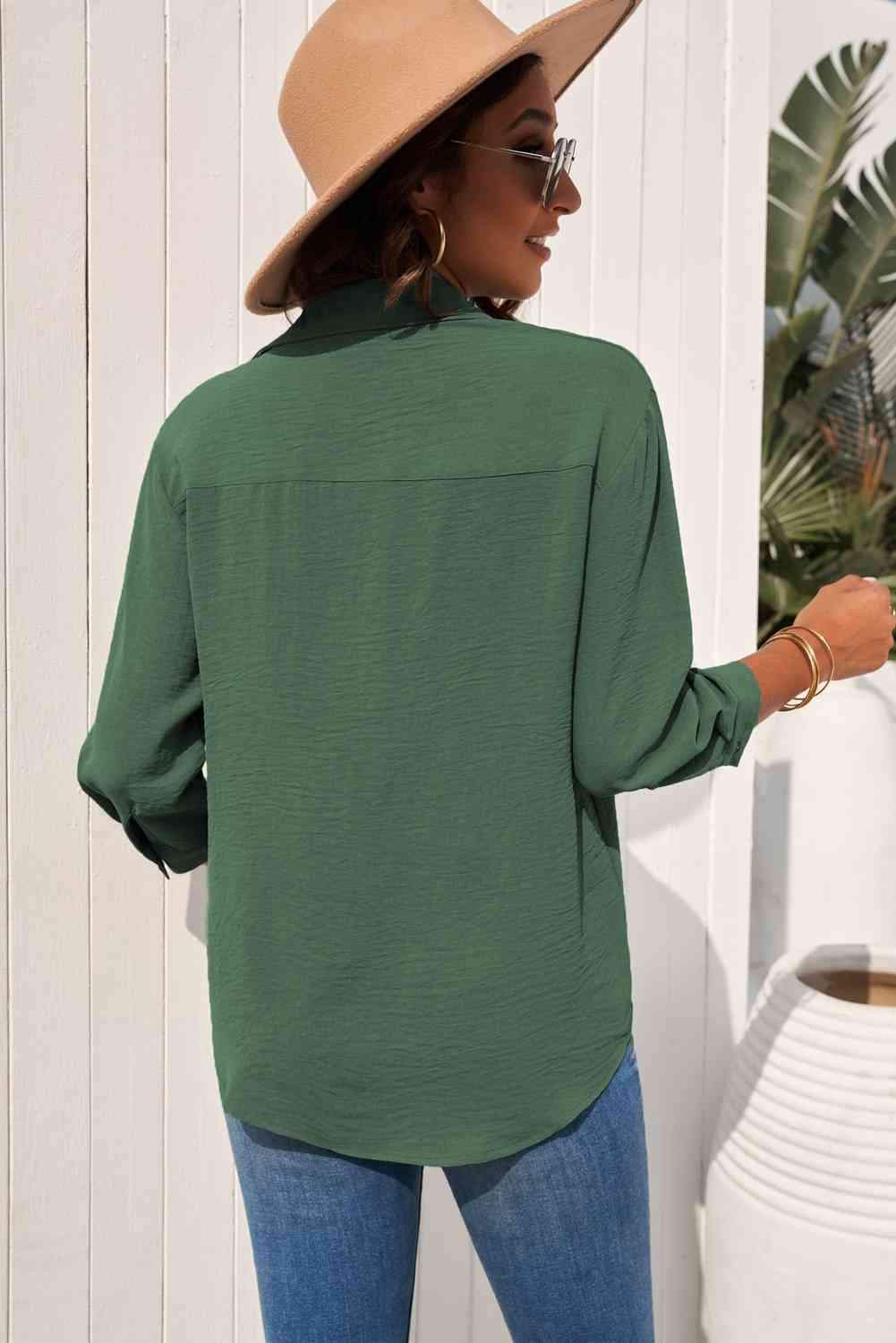 Textured Johnny Collar Three-Quarter Sleeve Blouse Blouses - Tophatter Daily Deals