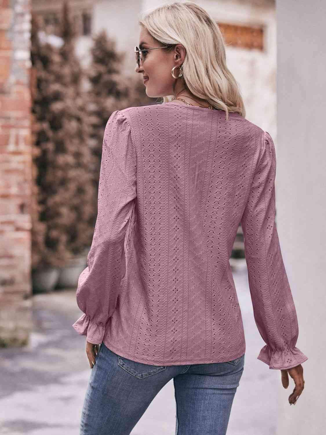 Double Take Eyelet V-Neck Flounce Sleeve Blouse Blouses - Tophatter Daily Deals