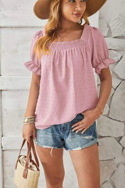 Swiss Dot Smocked Square Neck Short Sleeve T-Shirt Women's T-Shirts - Tophatter Daily Deals