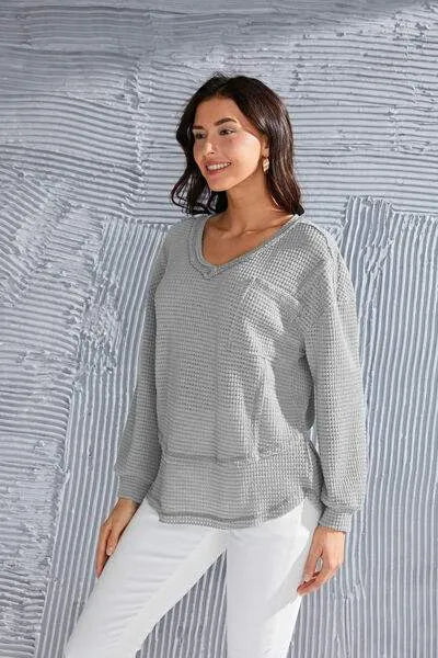 Waffle-Knit V-Neck Blouse with Breast Pocket Blouses - Tophatter Daily Deals