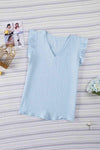 Ruffle Shoulder V-Neck Top Pastel Blue Blouses - Tophatter Daily Deals