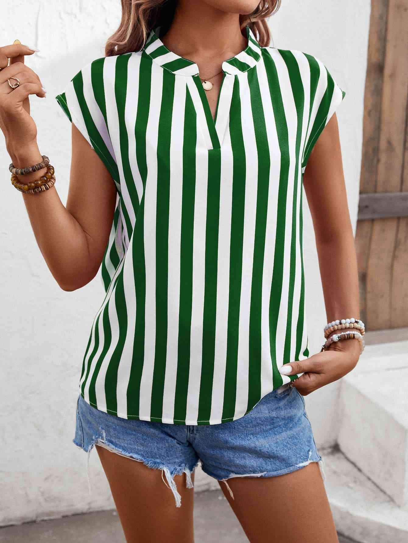 Striped Notched Neck Cap Sleeve Blouse Mid Green Blouses - Tophatter Daily Deals