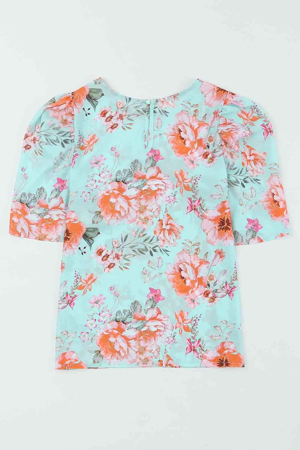 Summer Lover Floral Puff Sleeve Round Neck Blouse Blouses - Tophatter Daily Deals