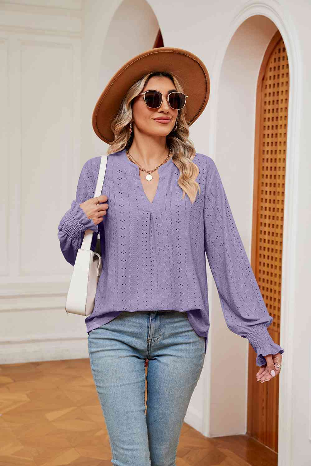 Notched Neck Flounce Sleeve Blouse Lavender Blouses - Tophatter Daily Deals