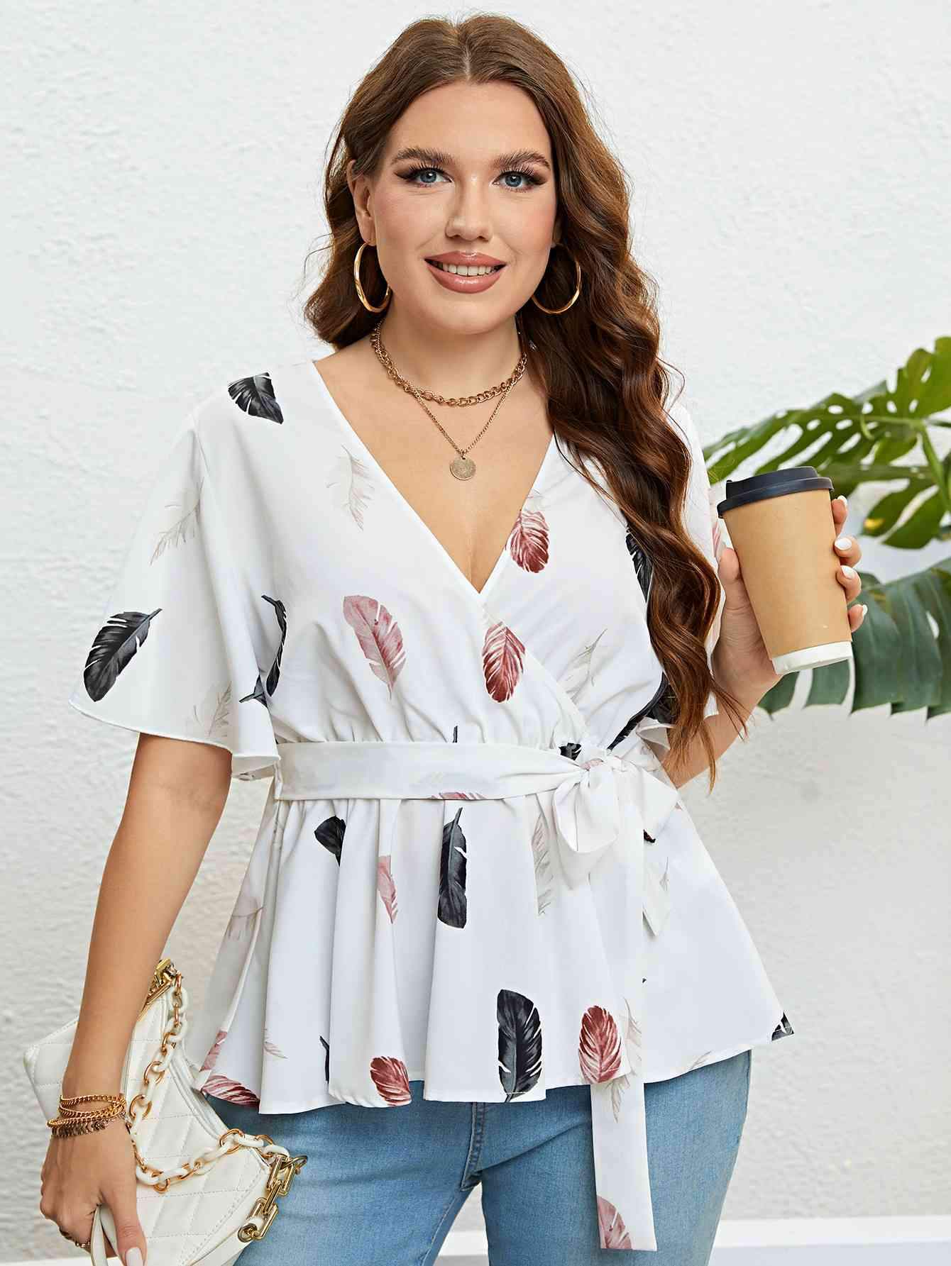 Feather Print Tied Flutter Sleeve Blouse Blouses - Tophatter Daily Deals