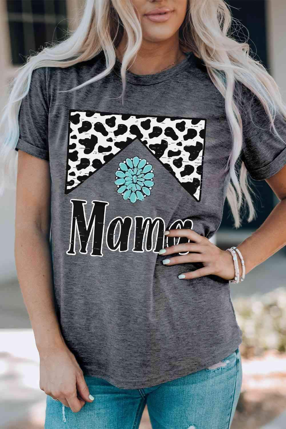 MAMA Graphic Cuffed Sleeve Round Neck Tee Women's T-Shirts - Tophatter Daily Deals