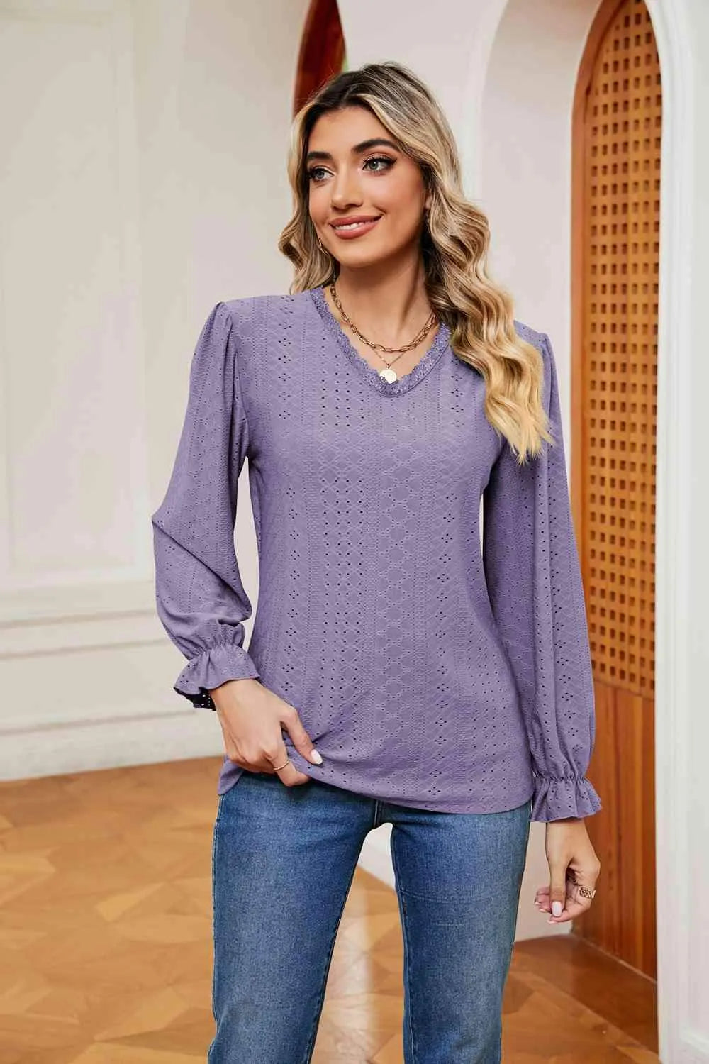 V-Neck Flounce Sleeve Blouse Lilac Blouses - Tophatter Daily Deals
