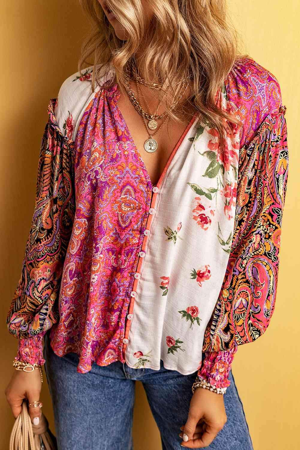 Multicolor Floral Notched Neck Lantern Sleeve Blouse Strawberry Blouses - Tophatter Daily Deals