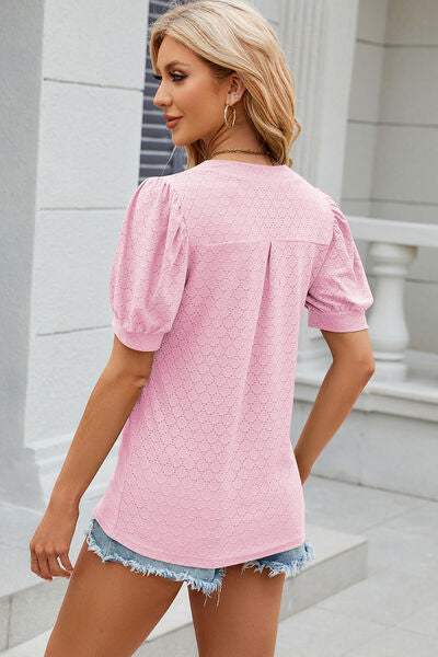 Eyelet Notched Puff Sleeve T-Shirt Women's T-Shirts - Tophatter Daily Deals