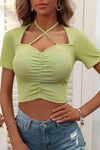 Halter Neck Ruched Short Sleeve Top Blouses - Tophatter Daily Deals