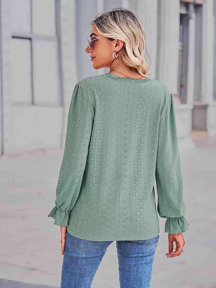 Eyelet V-Neck Flounce Sleeve Blouse Blouses - Tophatter Daily Deals