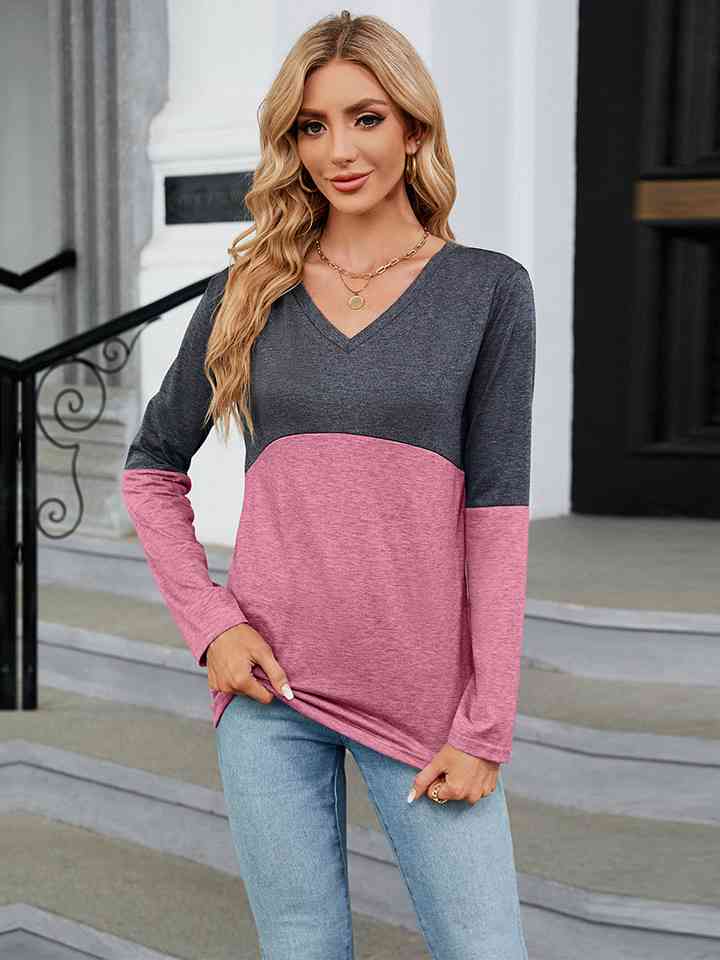 V-Neck Long Sleeve Two-Tone T-Shirt Women's T-Shirts - Tophatter Daily Deals