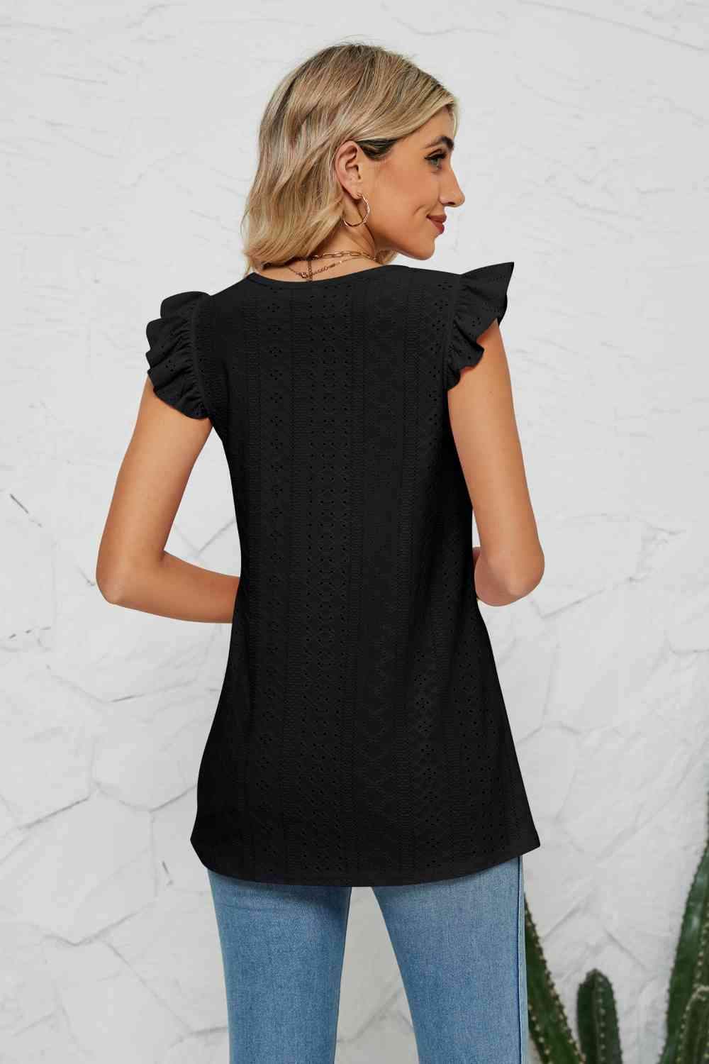 Smocked Round Neck Eyelet Top Blouses - Tophatter Daily Deals