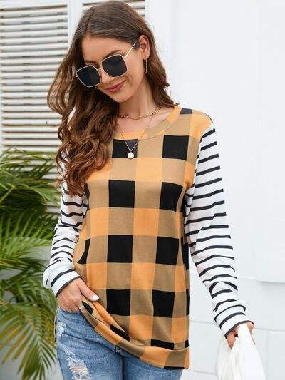 Plaid Striped Round Neck Long Sleeve T-Shirt Women's T-Shirts - Tophatter Daily Deals