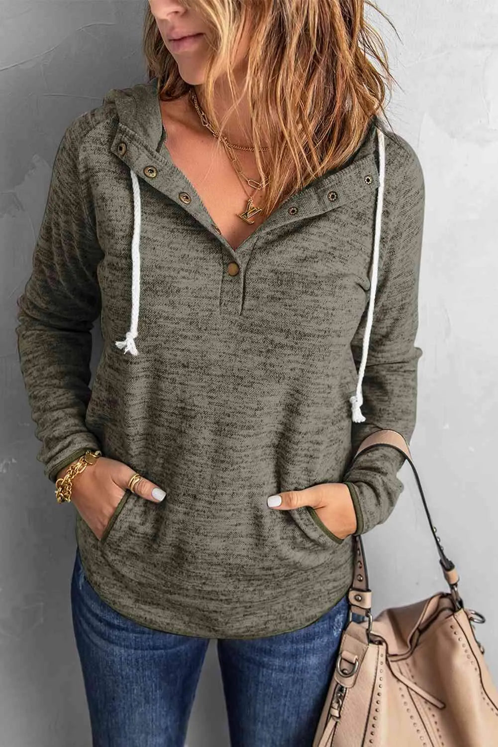 Hooded Long Sleeve Top Army Green Blouses - Tophatter Daily Deals