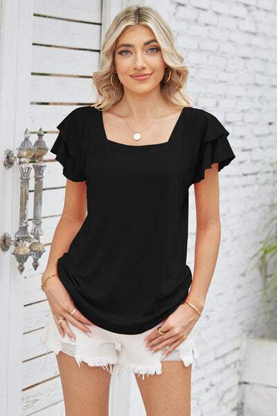 Square Neck Flutter Sleeve T-Shirt Black Women's T-Shirts - Tophatter Daily Deals