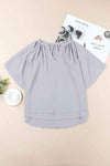 Gathered Detail Notched Neck Flutter Sleeve Top Gray Blouses - Tophatter Daily Deals