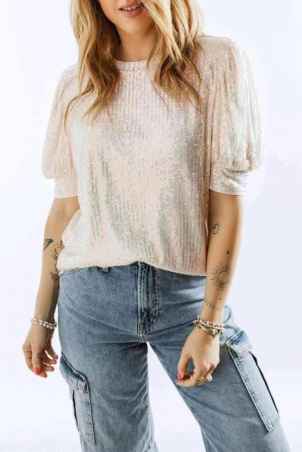 Sequin Round Neck Short Sleeve Top Ivory Blouses - Tophatter Daily Deals