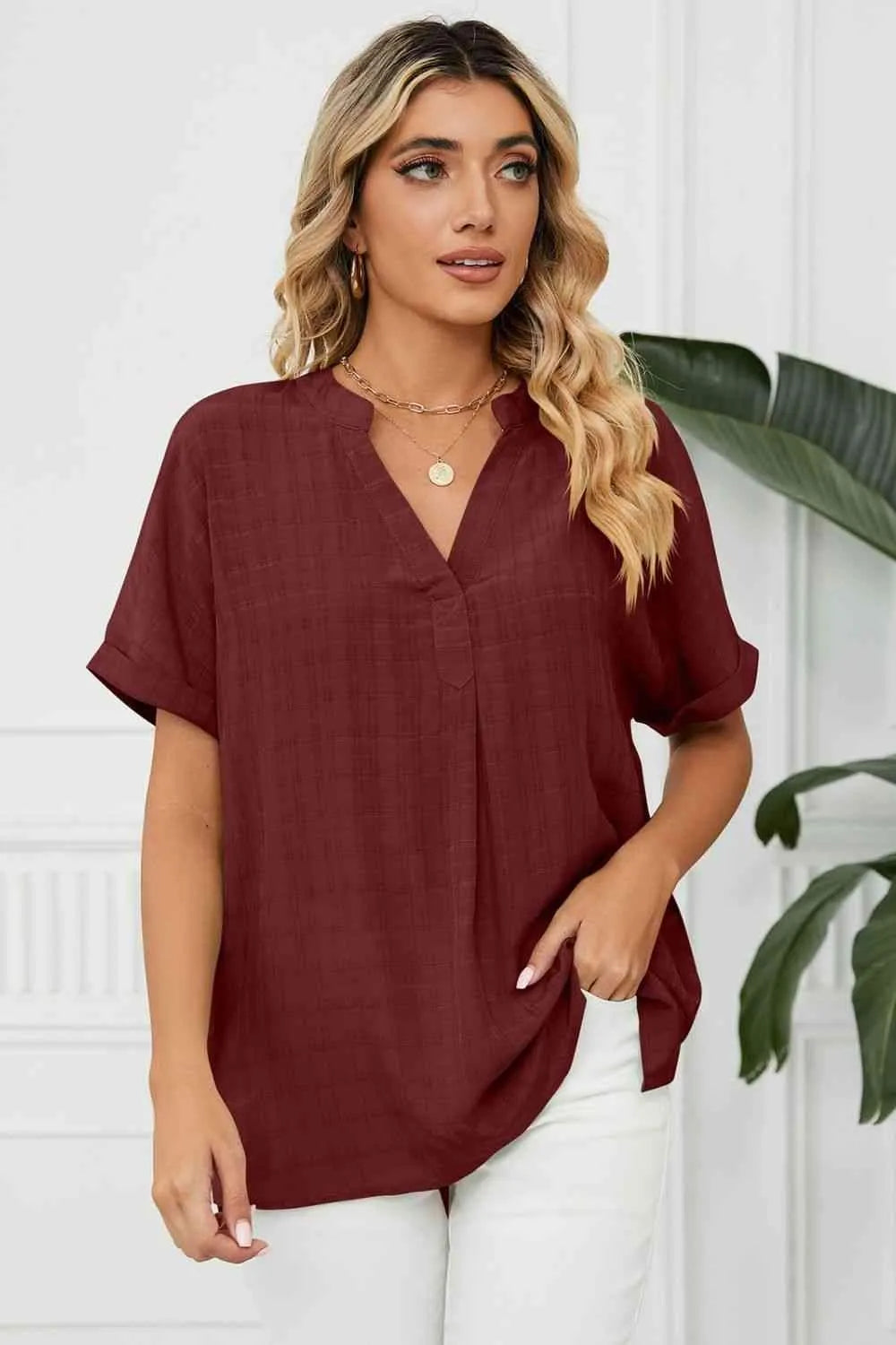 Side Slit Notched Neck Cuffed Short Sleeve Blouse Wine Blouses - Tophatter Daily Deals